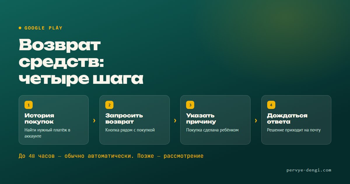 Четыре шага возврата средств в Google Play: история покупок, запрос, причина, ответ